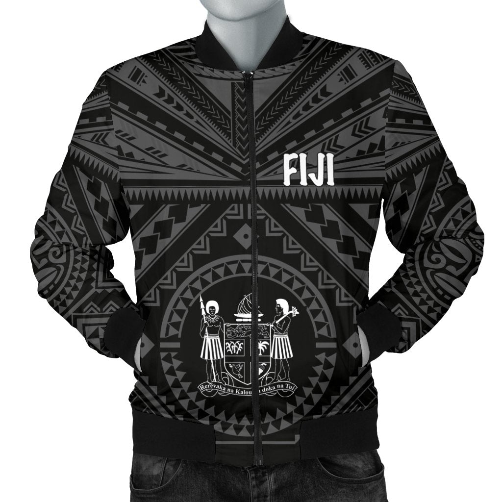 Fiji Men's Bomber Jacket - Fiji Seal With Polynesian Tattoo Style (Black) Black - Polynesian Pride