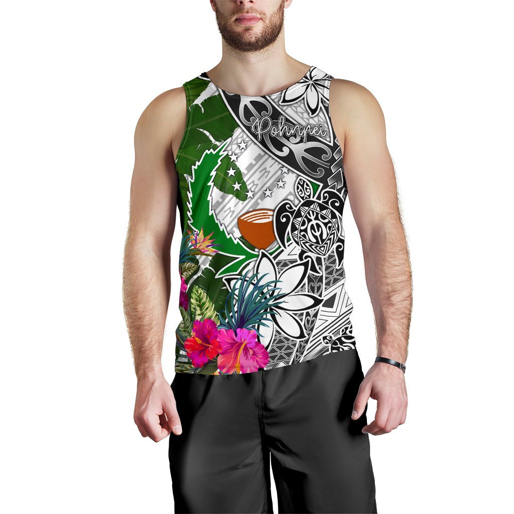 Pohnpei Men's Tank Top White - Turtle Plumeria Banana Leaf - Polynesian Pride