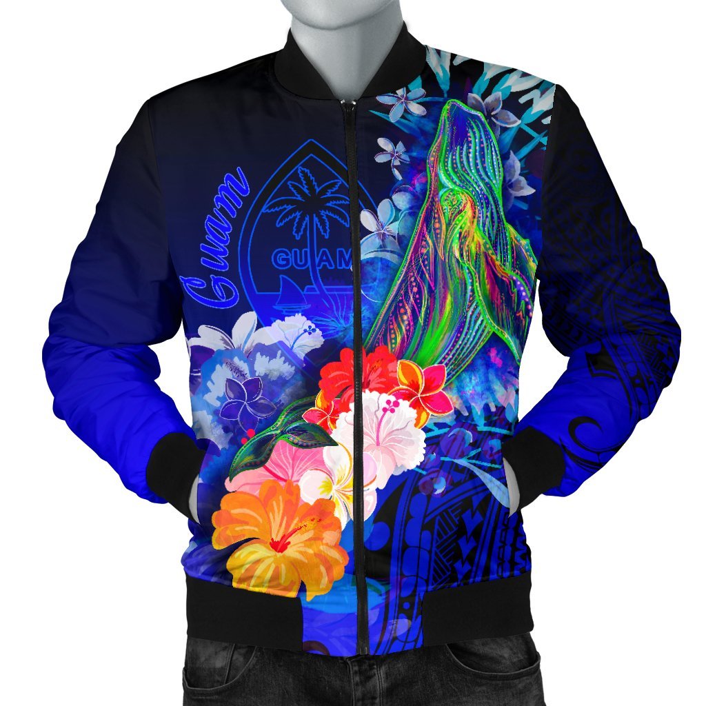 Guam Men's Bomber Jacket - Humpback Whale with Tropical Flowers (Blue) Blue - Polynesian Pride