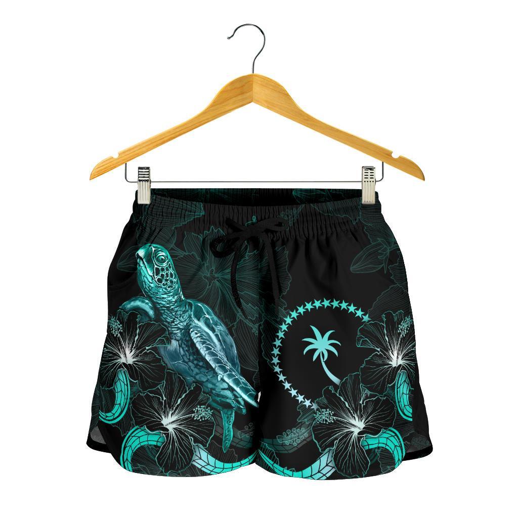 Chuuk Polynesian Women's Shorts - Turtle With Blooming Hibiscus Turquoise - Polynesian Pride
