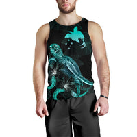 Papua New Guinea Polynesian Men Tank Top - Turtle With Blooming Hibiscus Tuquoise - Polynesian Pride