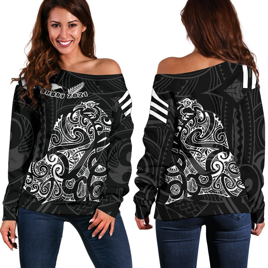 Aotearoa Super Rugby Off Shoulder Sweater Maori Kiwi Black - Polynesian Pride