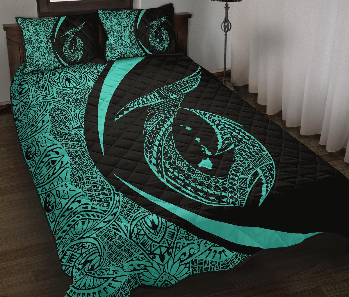 Hawaii Fish Hook Polynesian Quilt Bed Set - Circle Style Turquoise - Polynesian Pride