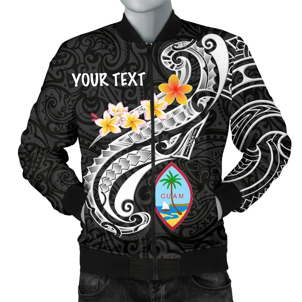 Guam Personalised Men's Bomber Jacket - Guam Seal Polynesian Patterns Plumeria (Black) Black - Polynesian Pride