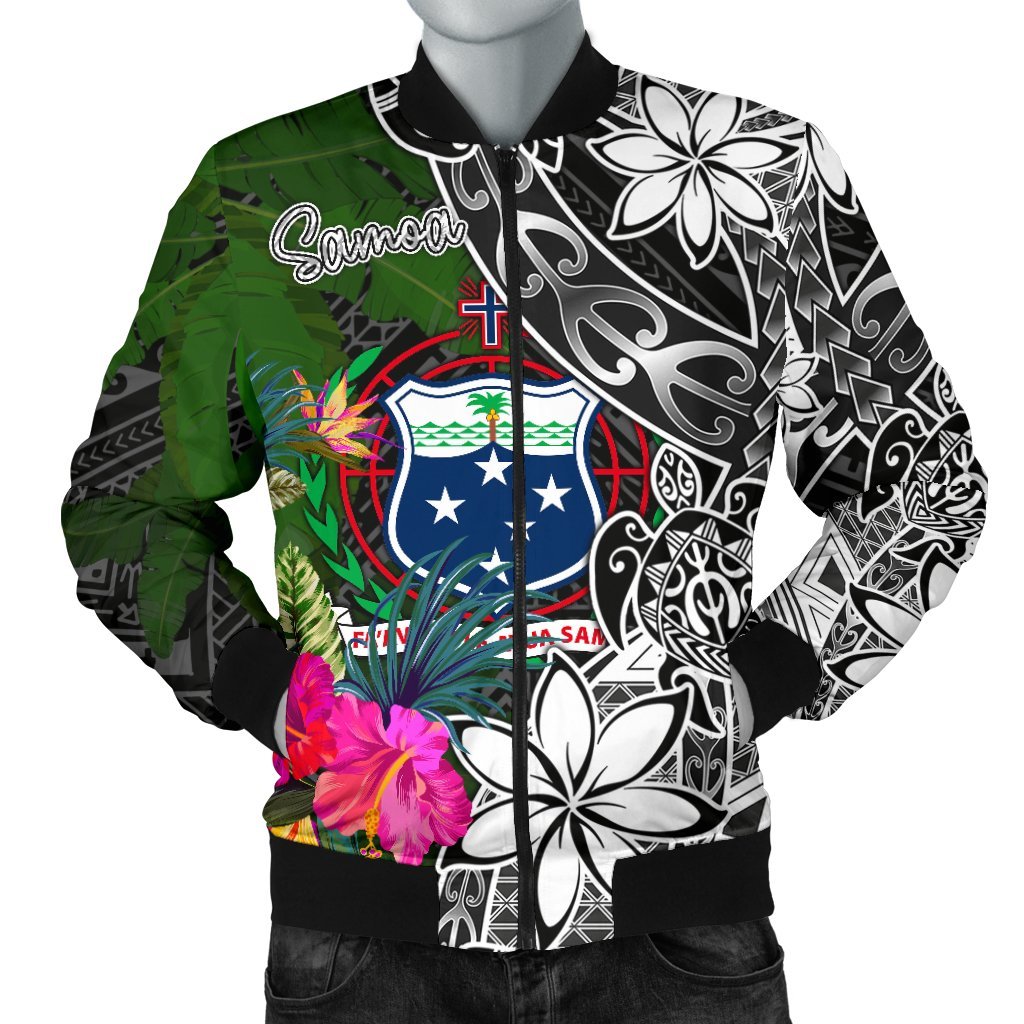 Samoa Men Bomber Jacket - Turtle Plumeria Banana Leaf Black - Polynesian Pride