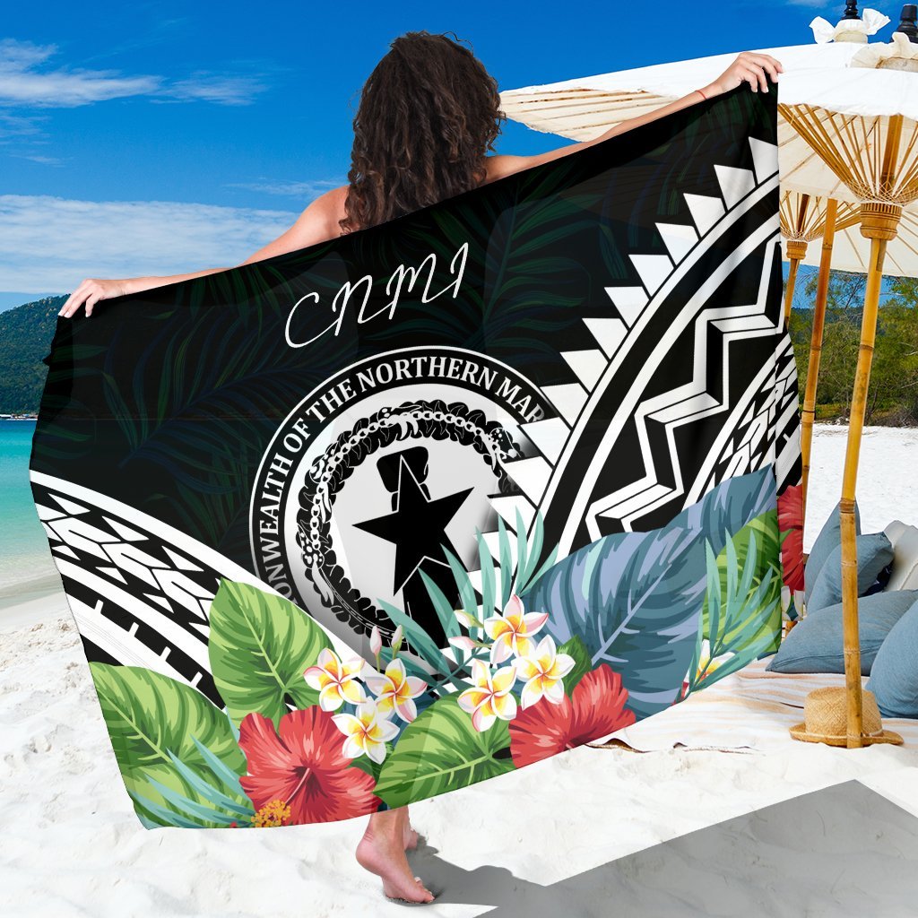 CNMI Sarong - CNMI Coat of Arms & Polynesian Tropical Flowers White Women White - Polynesian Pride