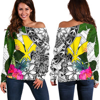 Hawaii Women's Off Shoulder Sweater White - Turtle Plumeria Banana Leaf White - Polynesian Pride