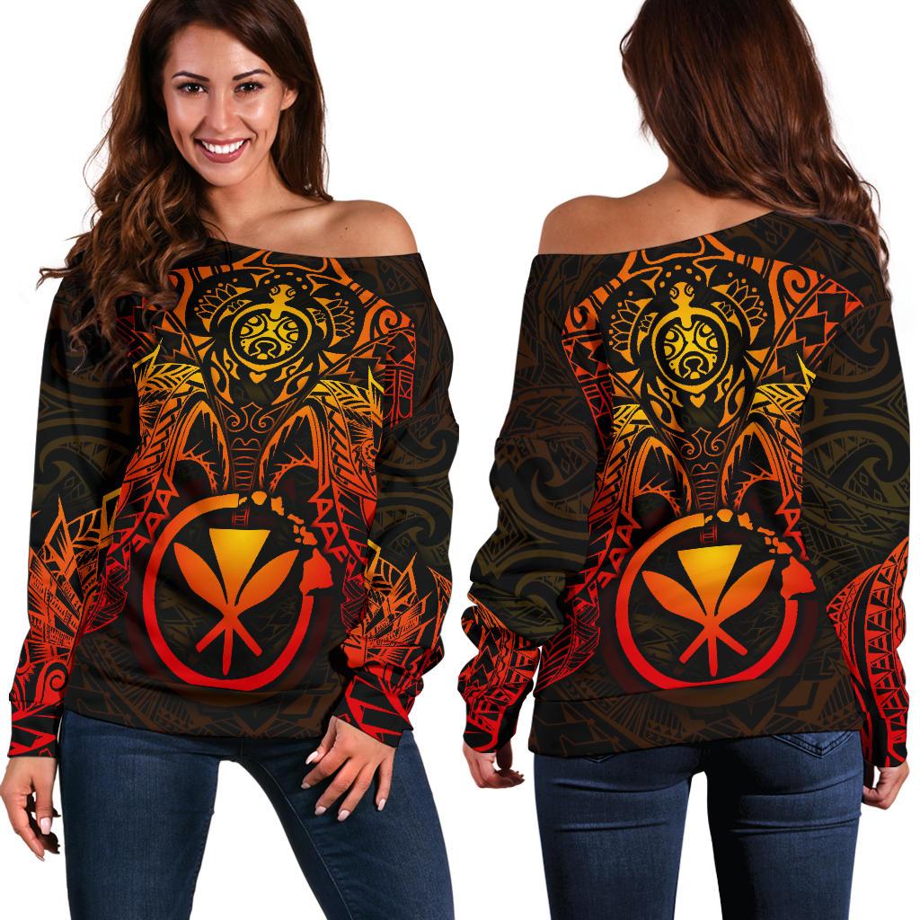 Polynesian Hawaii Women's Off Shoulder Sweater - Red Turtle Manta Ray RED - Polynesian Pride