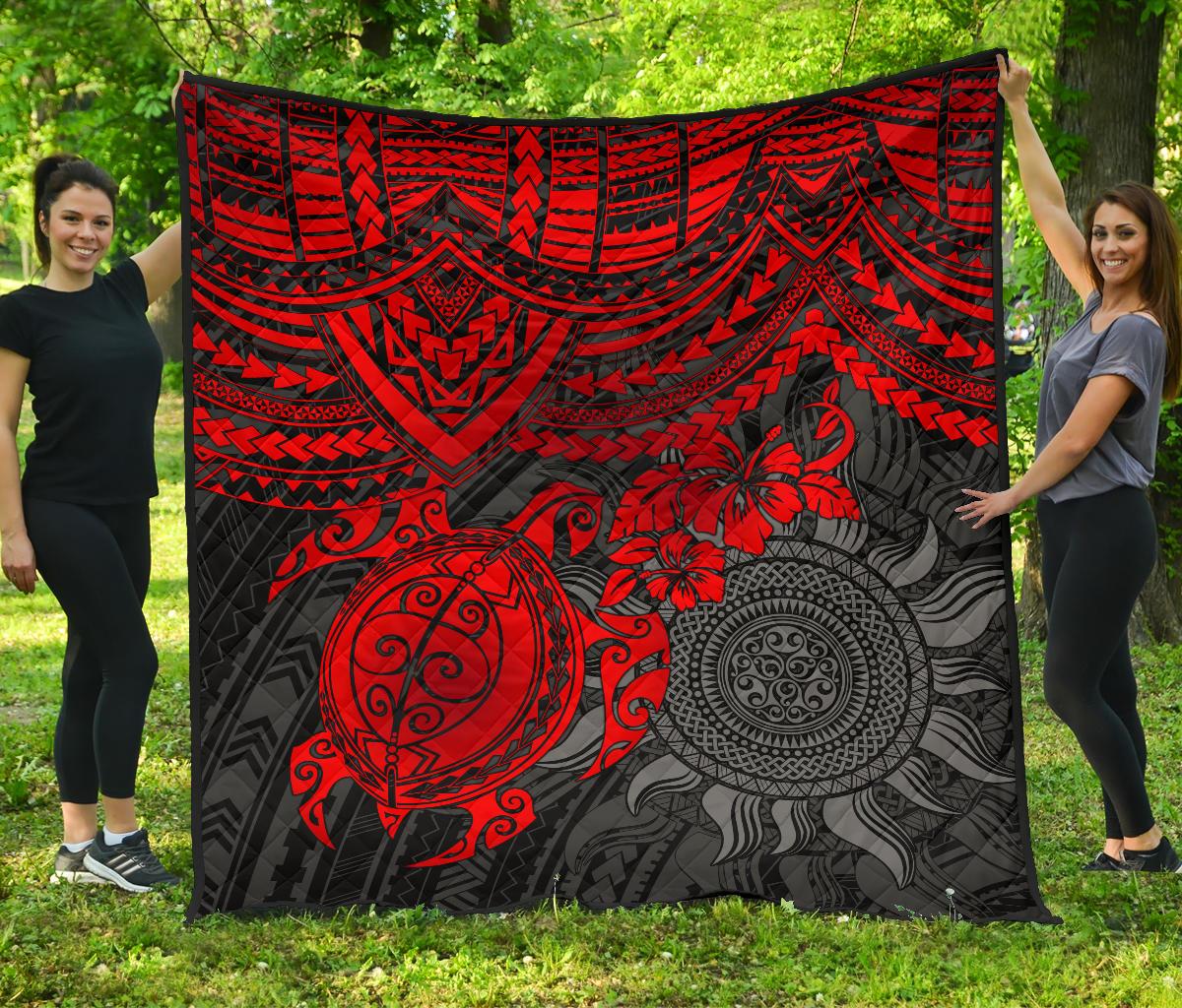 Polynesian Premium Quilt - Polynesian Red Turtle Hibiscus Red - Polynesian Pride
