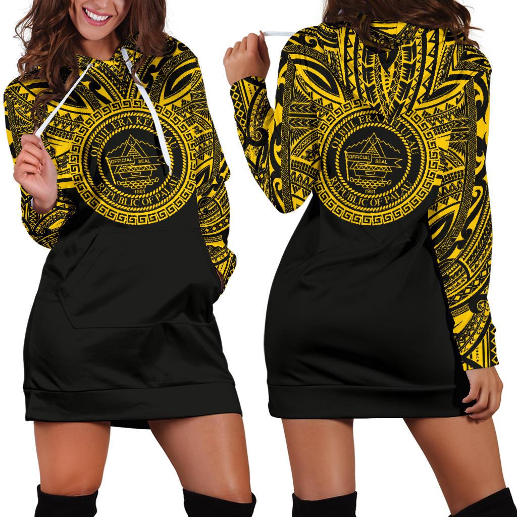 Palau Women Hoodie Dress - Palau Coat Of Arms Polynesian Gold Black Gold - Polynesian Pride