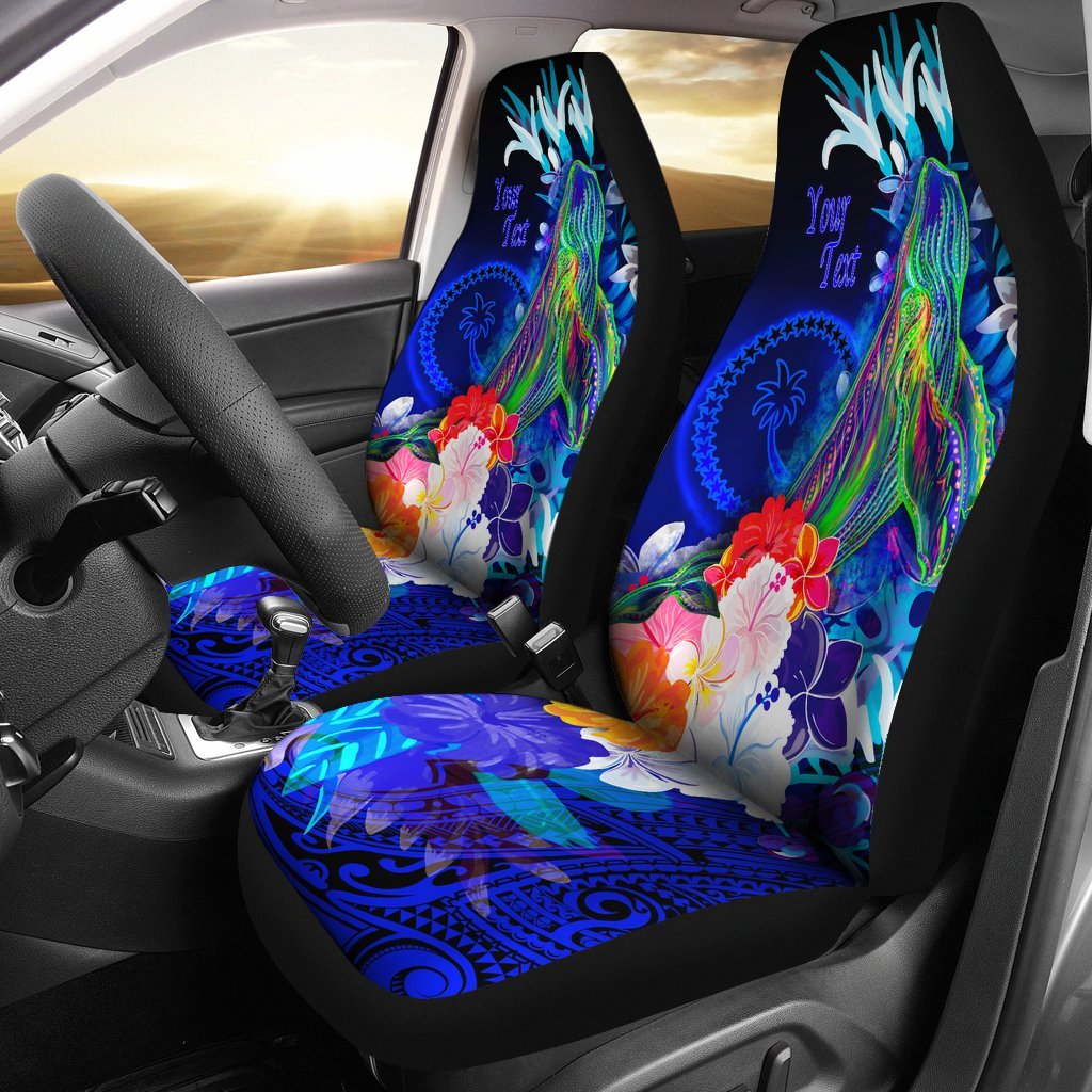 Custom Personalised Chuuk Car Set Covers - Humpback Whale with Tropical Flowers (Blue) Universal Fit Blue - Polynesian Pride