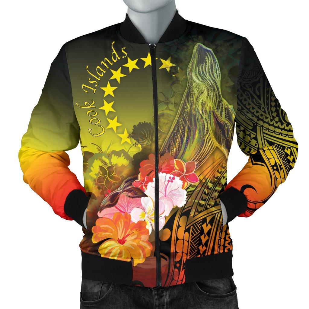 Cook Islands Men's Bomber Jacket - Humpback Whale with Tropical Flowers (Yellow) Yellow - Polynesian Pride