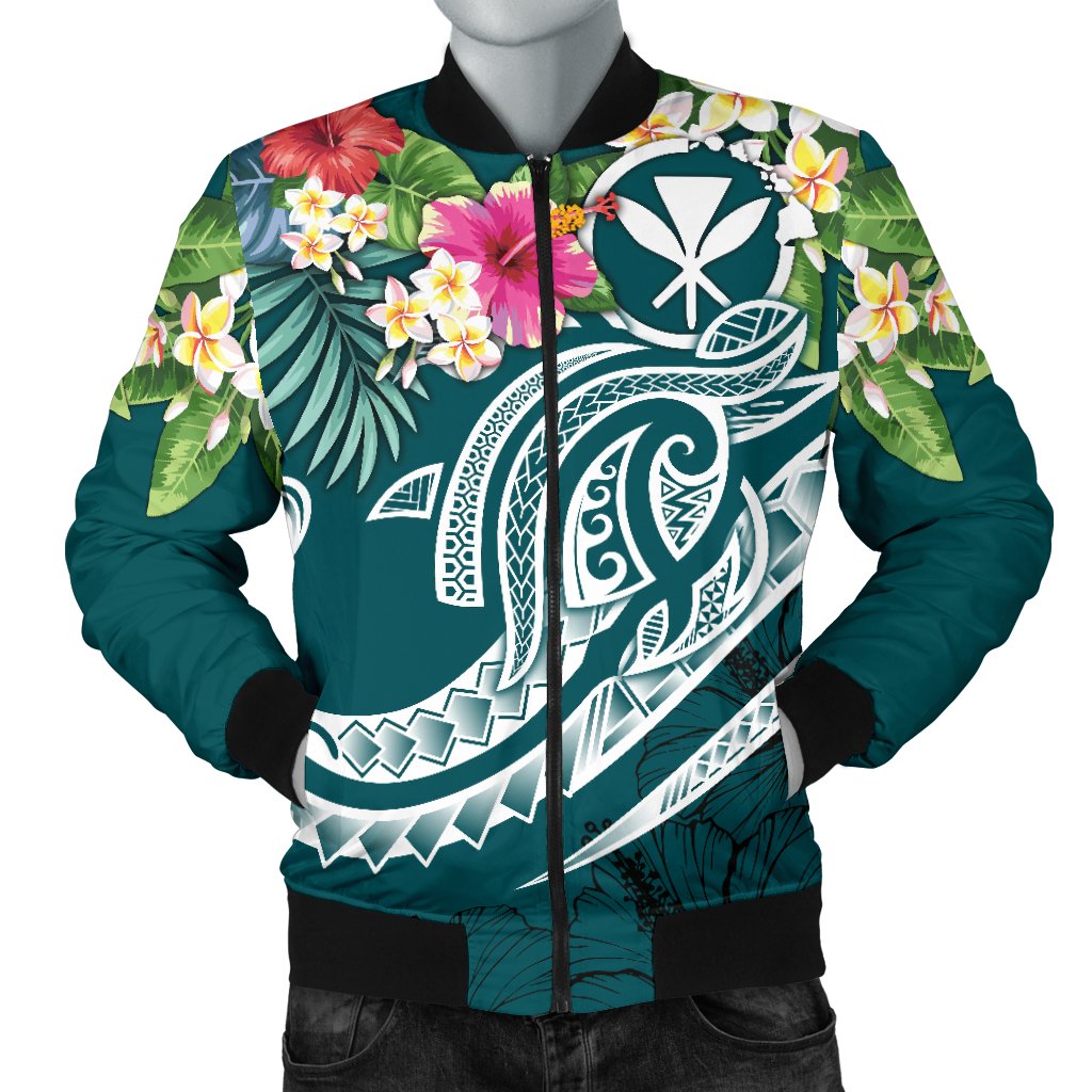 Polynesian Hawaii Kanaka Maoli Men's Bomber Jacket - Summer Plumeria Blue - Polynesian Pride