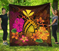 Hawaii Turtle Tribal Map Hibiscus Plumeria Premium Quilt Orange - Polynesian Pride