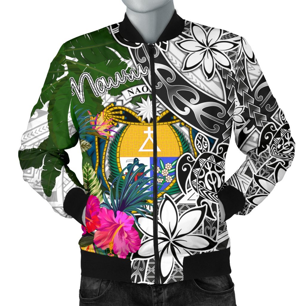 Nauru Men's Bomber Jacket White - Turtle Plumeria Banana Leaf Crest White - Polynesian Pride
