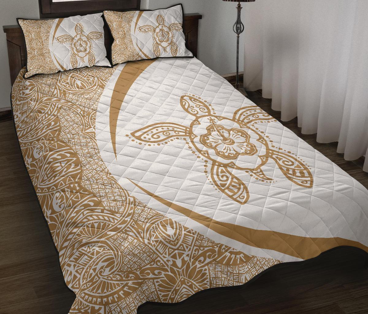 Hawaiian Polynesian Turtle Quilt Bed Set - Circle Style Gold And White - Polynesian Pride