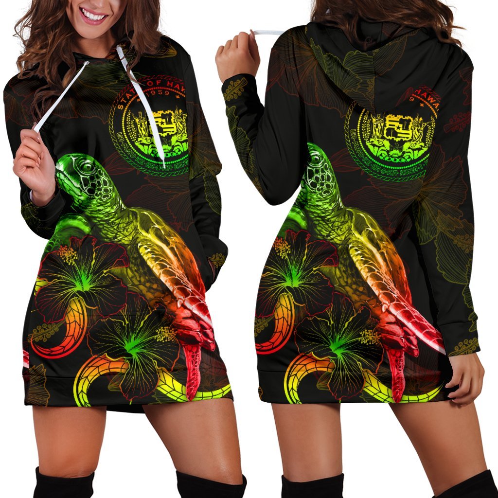 Hawaii Polynesian Hoodie Dress - Turtle With Blooming Hibiscus Reggae Reggae - Polynesian Pride