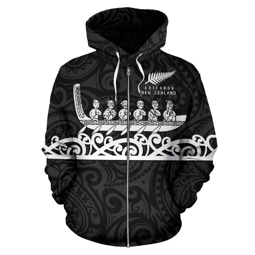 New Zealand Zip up Hoodie, Maori Waka Zipper Hoodie Black Unisex Black - Polynesian Pride