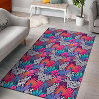 Tropical Exotic Leaves And Flowers On Geometrical Ornament. Rug Black - Polynesian Pride