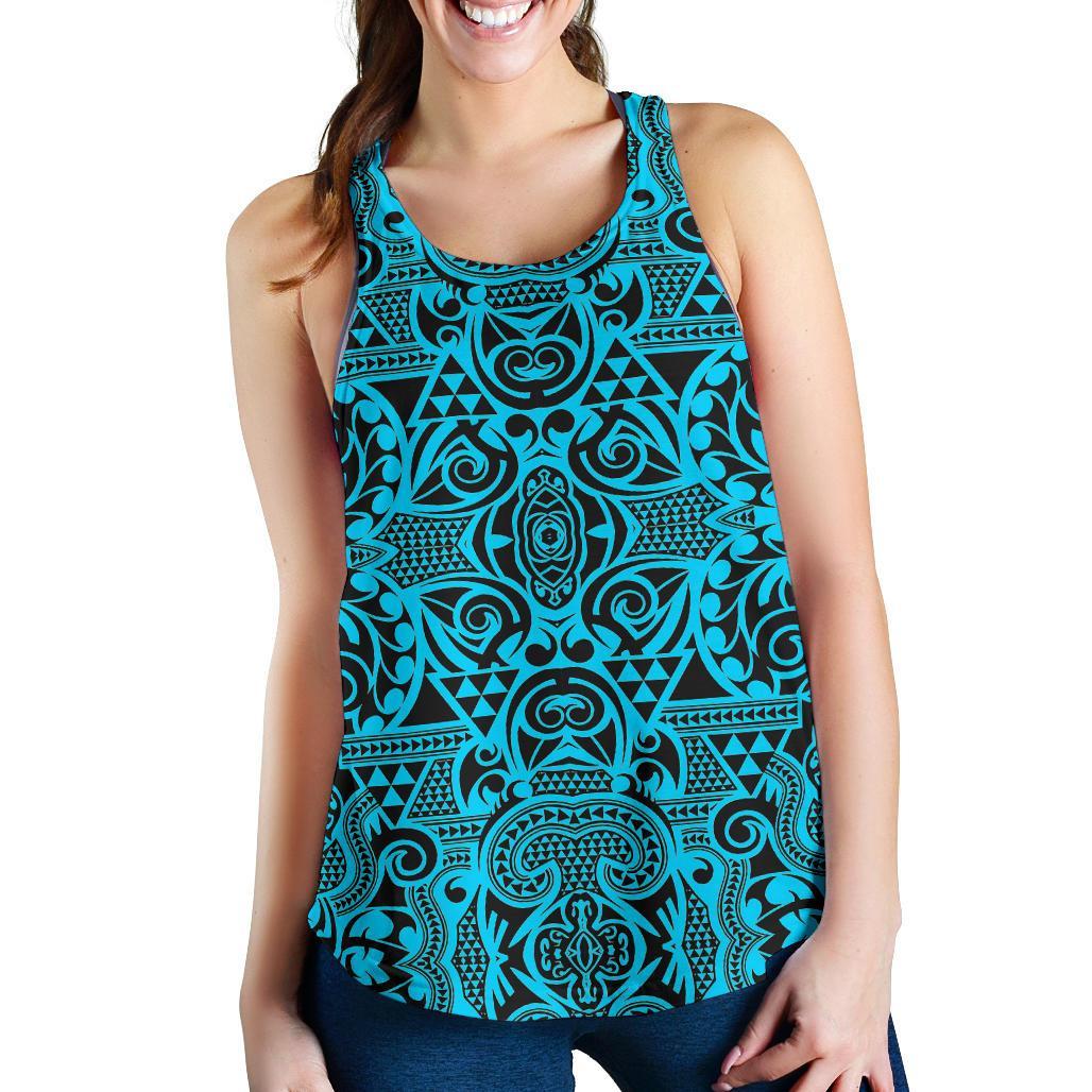 Polynesian Kakau Turtle Blue Women's Racerback Tank Top Blue - Polynesian Pride