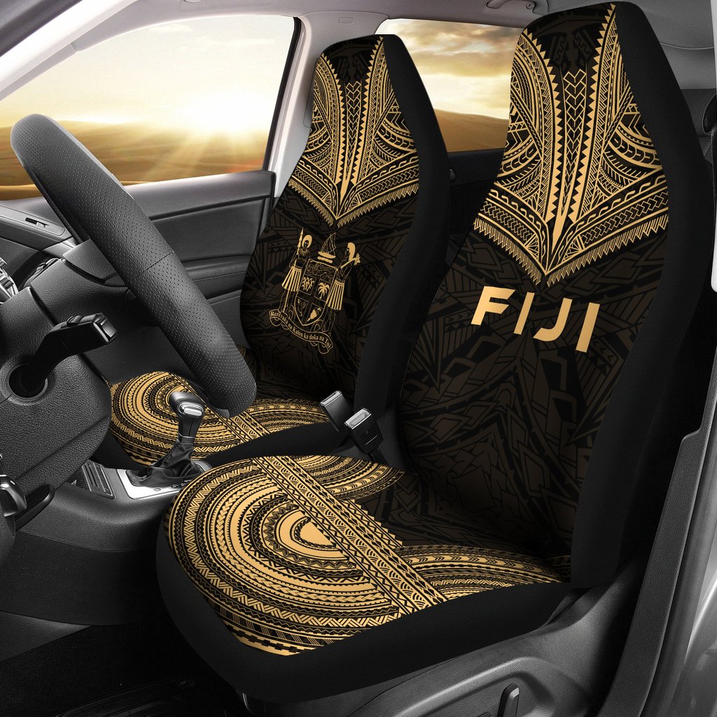 Fiji Car Seat Cover - Fiji Coat Of Arms Polynesian Chief Tattoo Gold Version Universal Fit Gold - Polynesian Pride