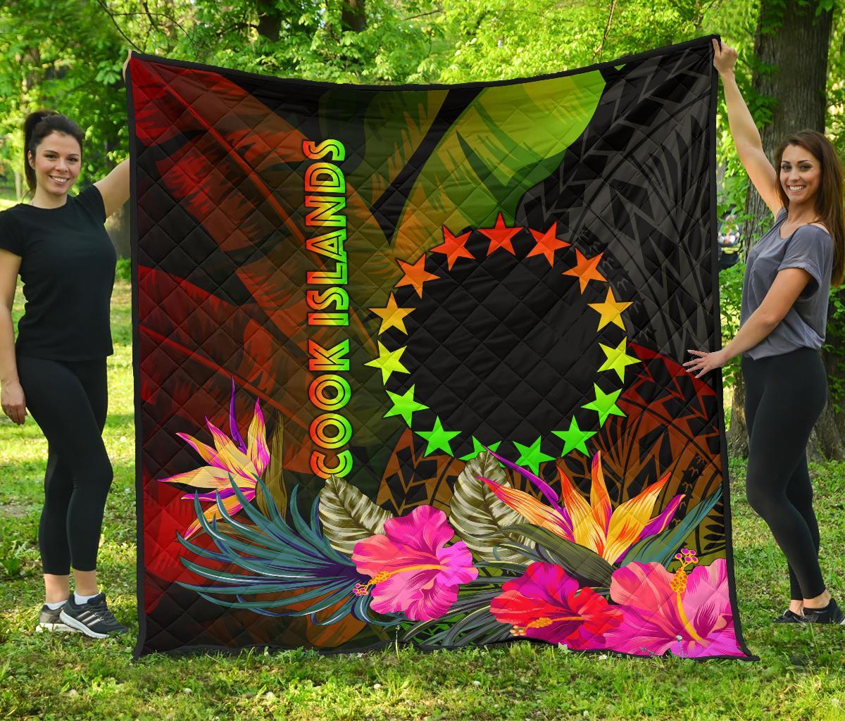 Cook Islands Polynesian Premium Quilt - Hibiscus and Banana Leaves - Polynesian Pride