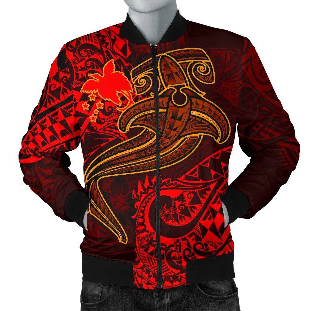 Papua New Guinea Men's Bomber Jacket - Red Shark Polynesian Tattoo Red - Polynesian Pride