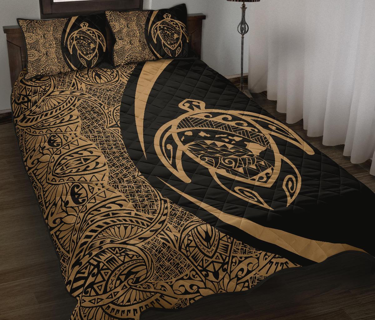 Hawaii Turtle Map Polynesian Quilt Bed Set - Gold - Circle Style - Polynesian Pride