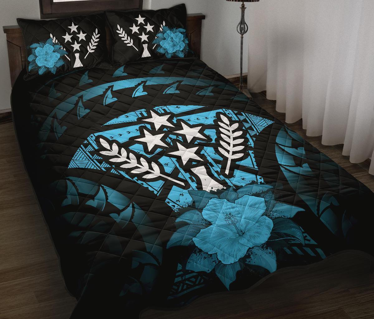 Kosrae Polynesian Quilt Bed Set Hibiscus Blue Black - Polynesian Pride