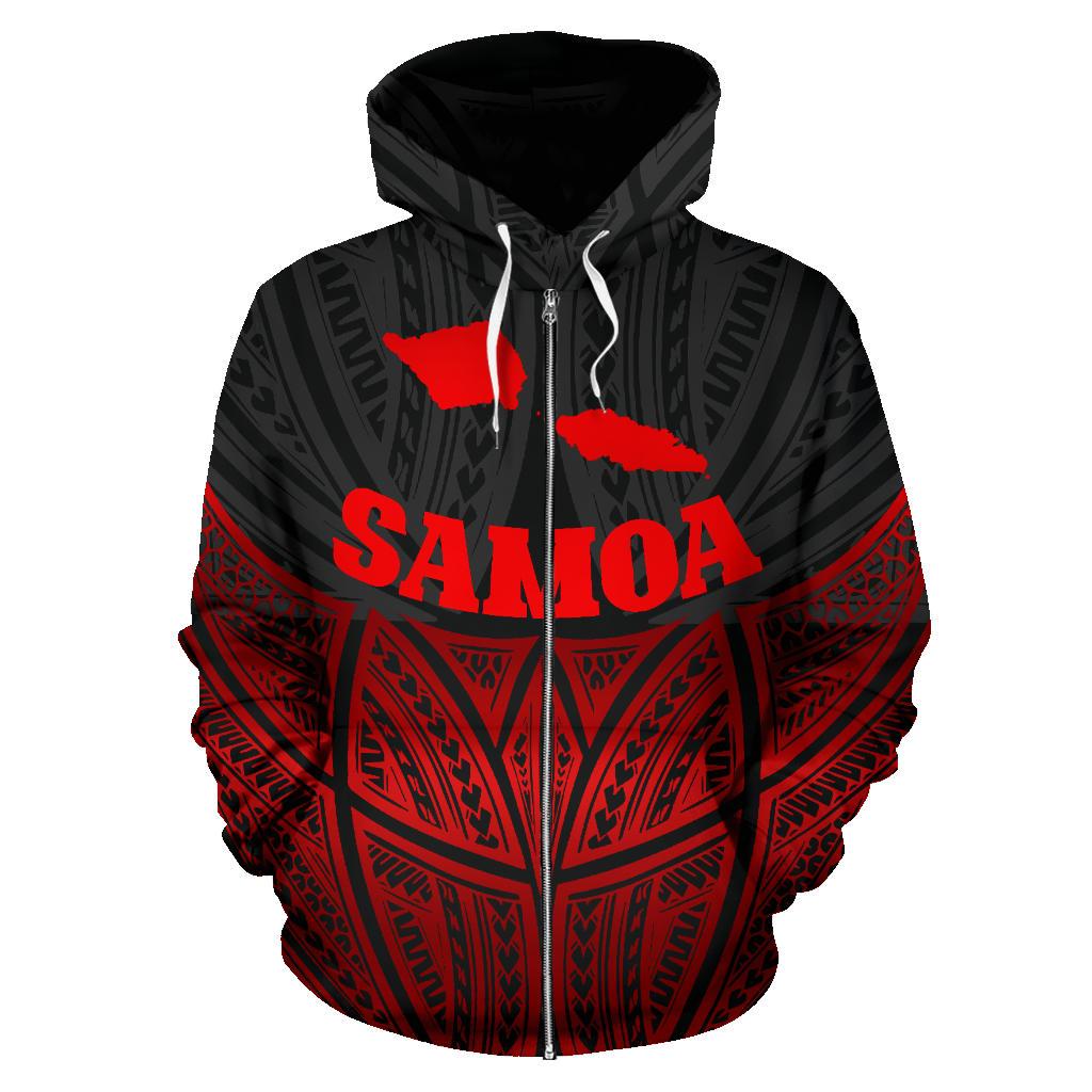 Samoa Polynesian Zip up Hoodie Red Black Pride Map and Seal - Polynesian Pride