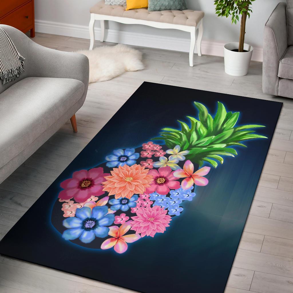Pineapple Hibiscus Pattern Area Rug AH Black - Polynesian Pride