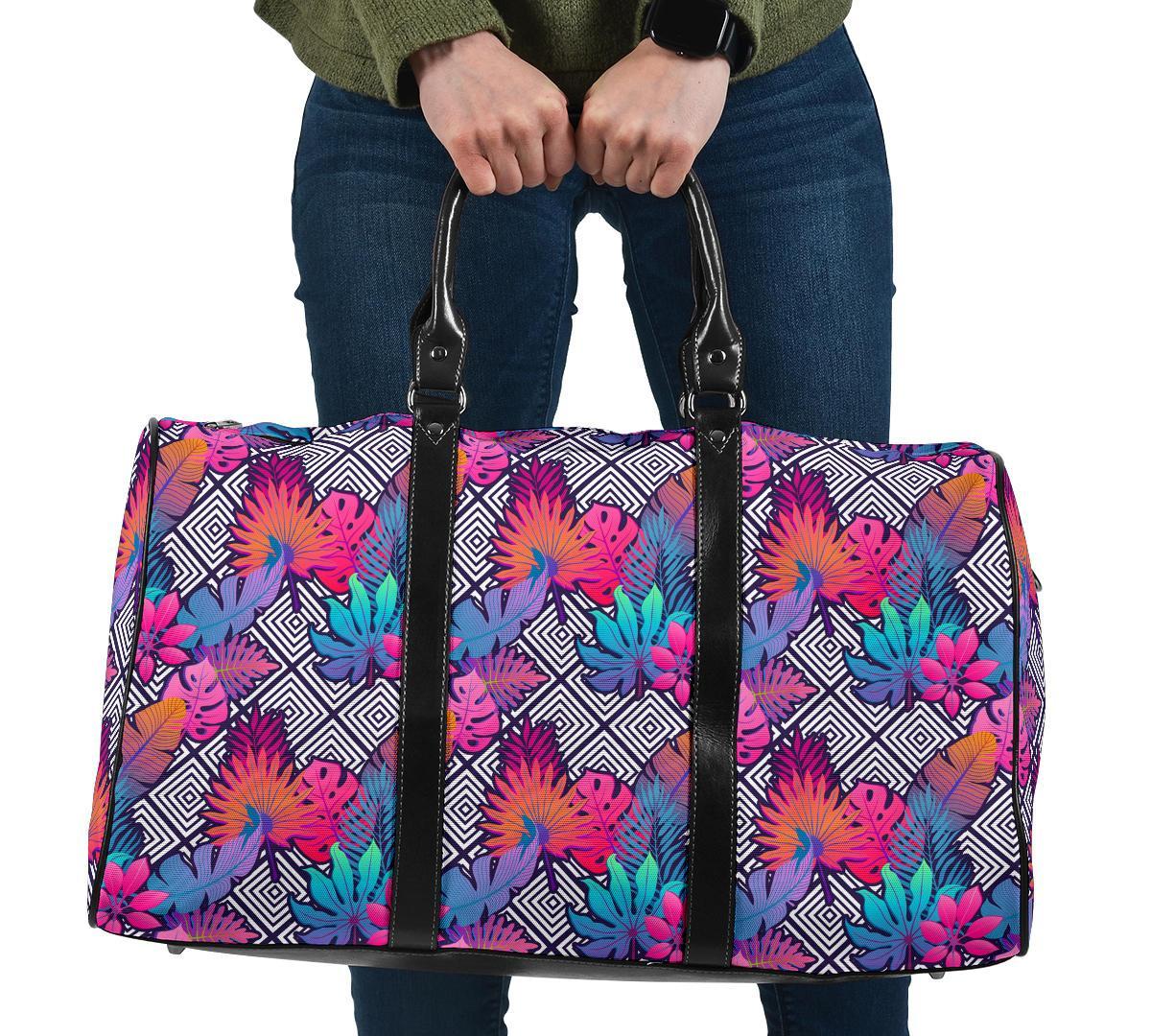 Tropical Exotic Leaves And Flowers On Geometrical Ornament. Hawaii Travel Bag Travel Bag One size Black - Polynesian Pride