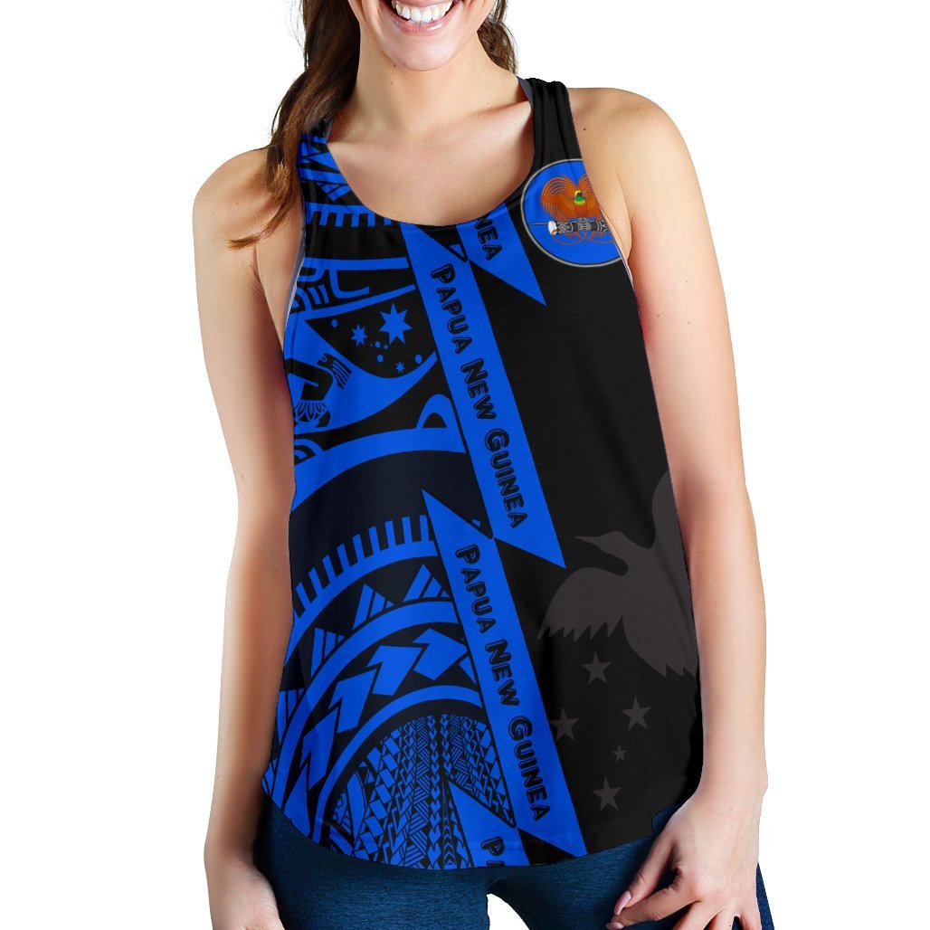 Polynesian Guinea Women's Racerback Tank - Moana Maui Tattoo With Coat Of Arm Guinea Blue - Polynesian Pride
