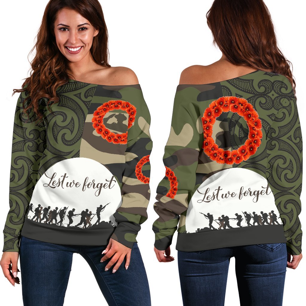 Anzac Maori Women Off Shoulder Sweater Camo Lest For Get White - Polynesian Pride