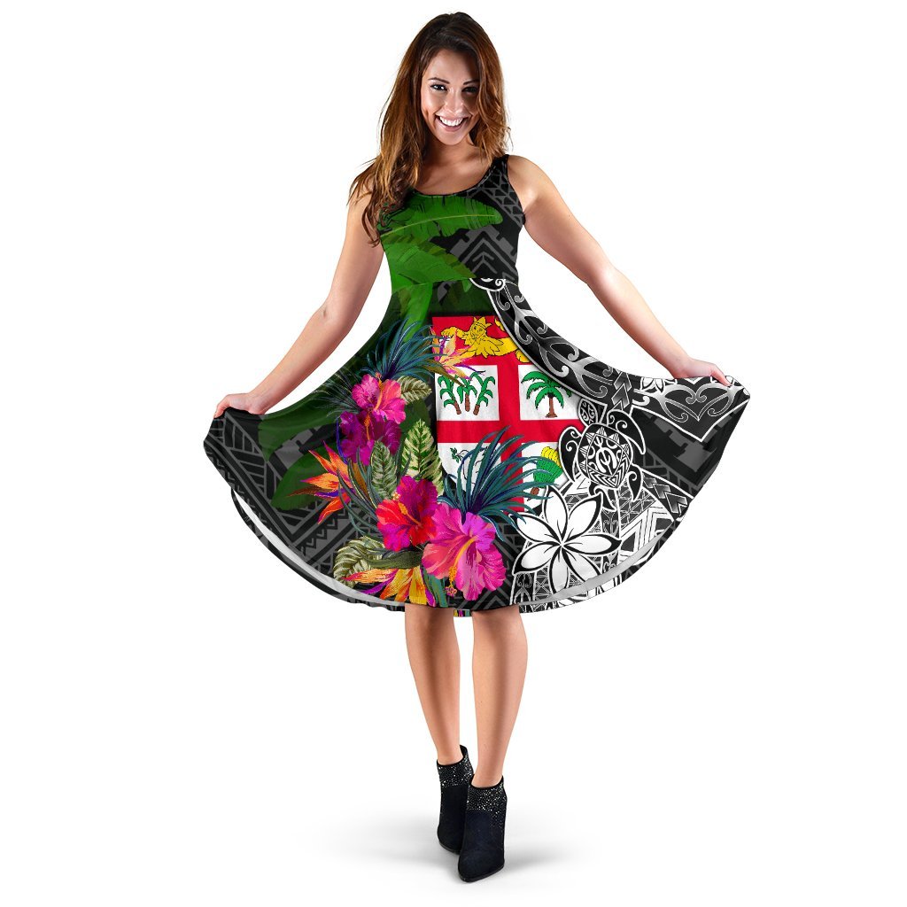 Fiji Midi Dress - Turtle Plumeria Banana Leaf Women Black - Polynesian Pride