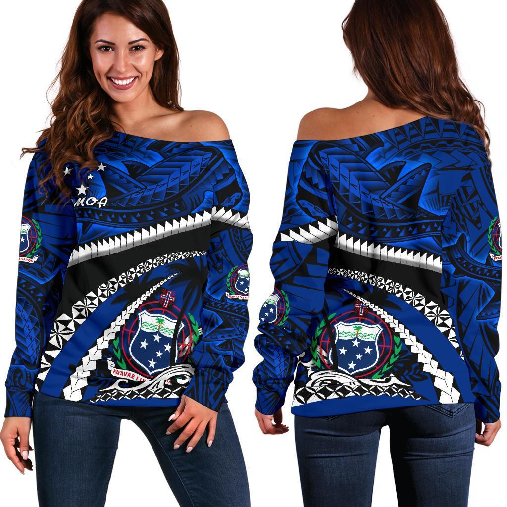 Samoa Off Shoulder Sweater Polynesian Shark Tattoo Blue - Polynesian Pride