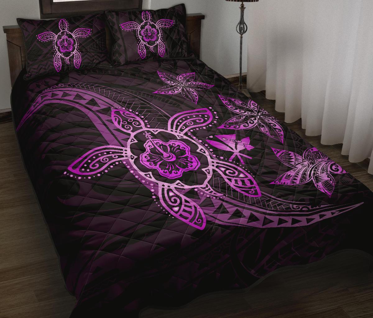 Kanaka Map Hibiscus Plumeria Turtle Art Pink Polynesian Quilt Bed Set - Polynesian Pride