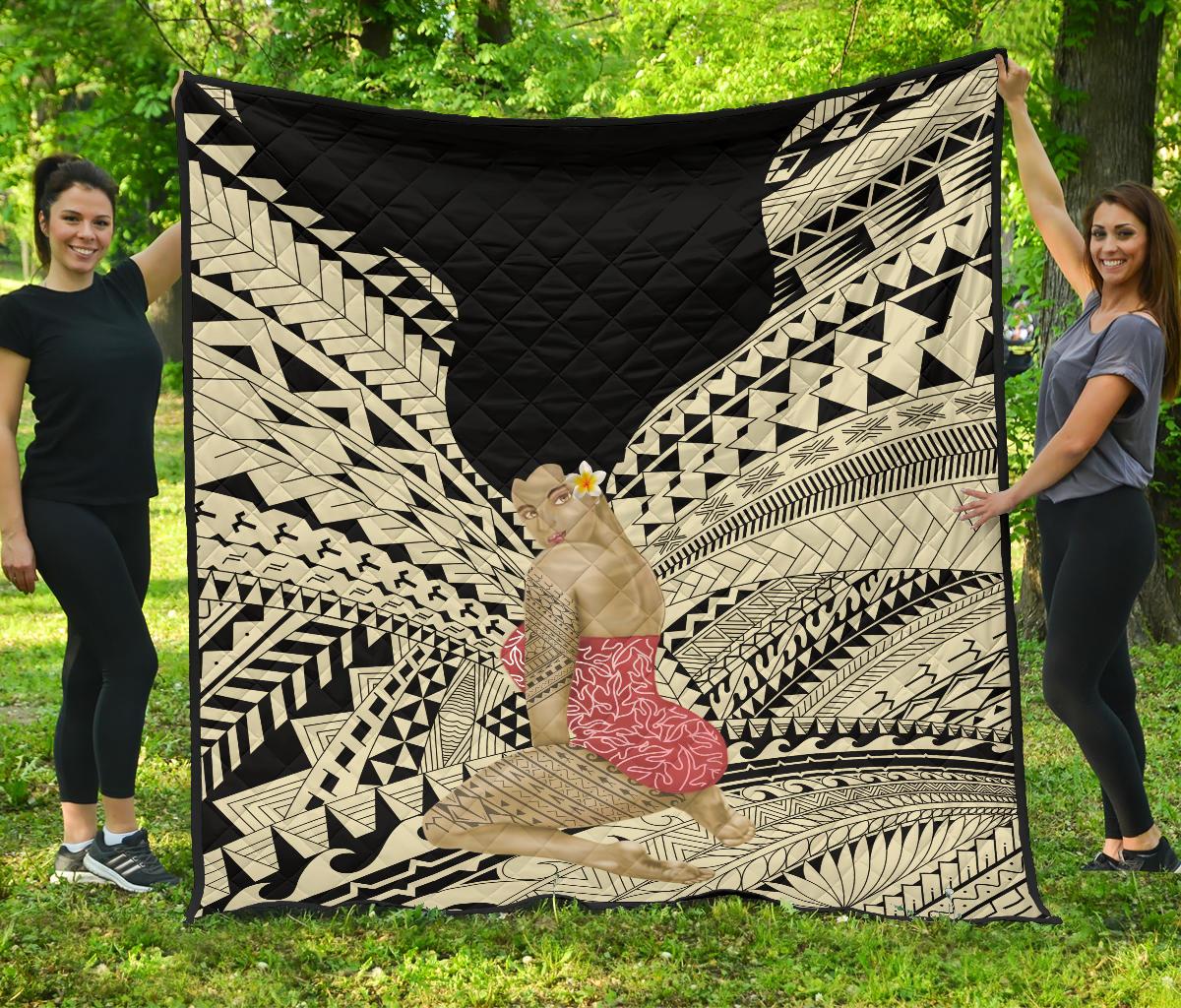 Hawaii Polynesian Hula Girl Wearing Plumeria Premium Quilt Beige - Polynesian Pride