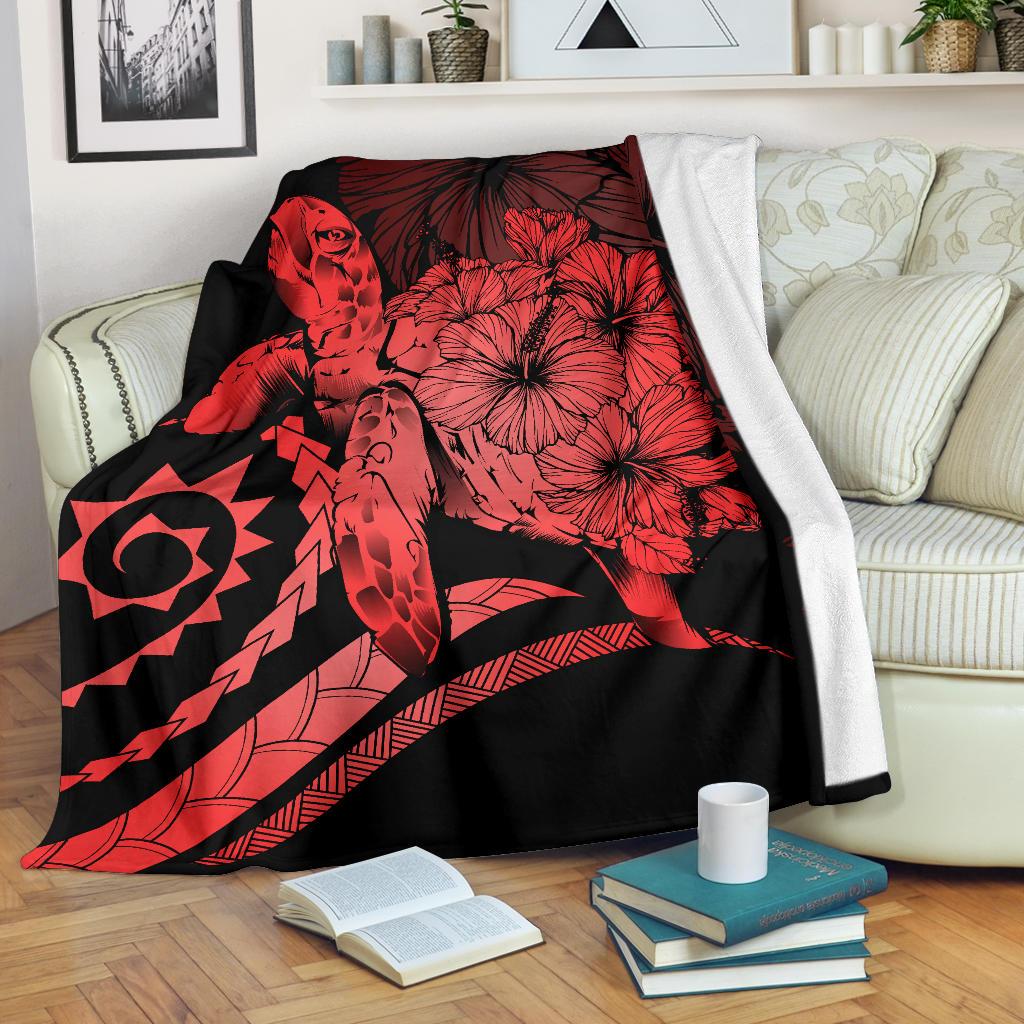 Hawaii Turtle Hibiscus Polynesian Vintage Premium Blanket - Red White - Polynesian Pride