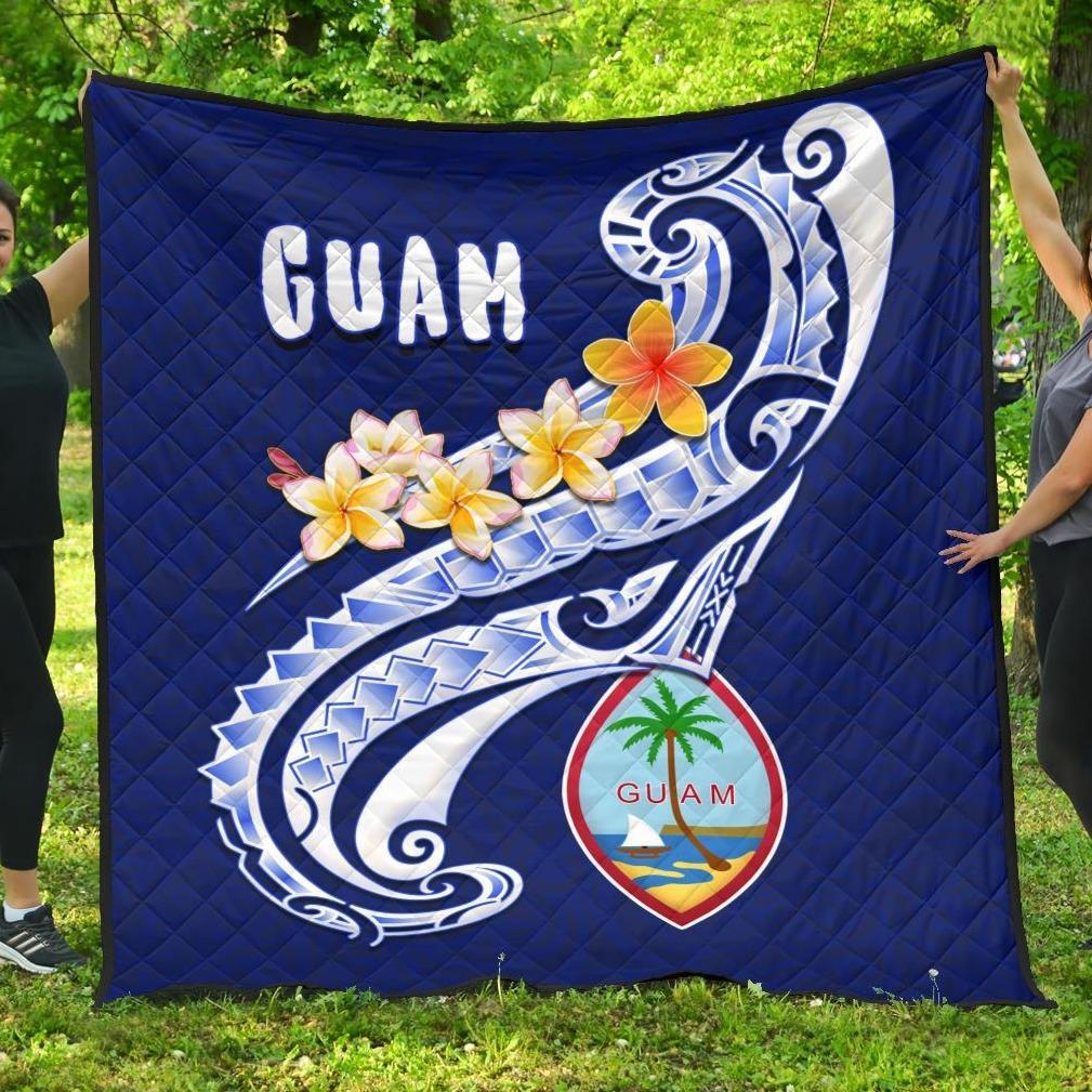 Guam Premium Quilt - Guam Seal Polynesian Patterns Plumeria (Blue) - Polynesian Pride