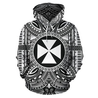Wallis nd Futuna ll Over Hoodie Wallis nd Futuna Coat of rms Polynesian White Black Unisex Black - Polynesian Pride