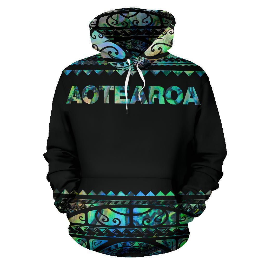 New Zealand Maori Hoodie, Aotearoa Silver Fern Pullover Hoodie Paua Shell Unisex Black - Polynesian Pride