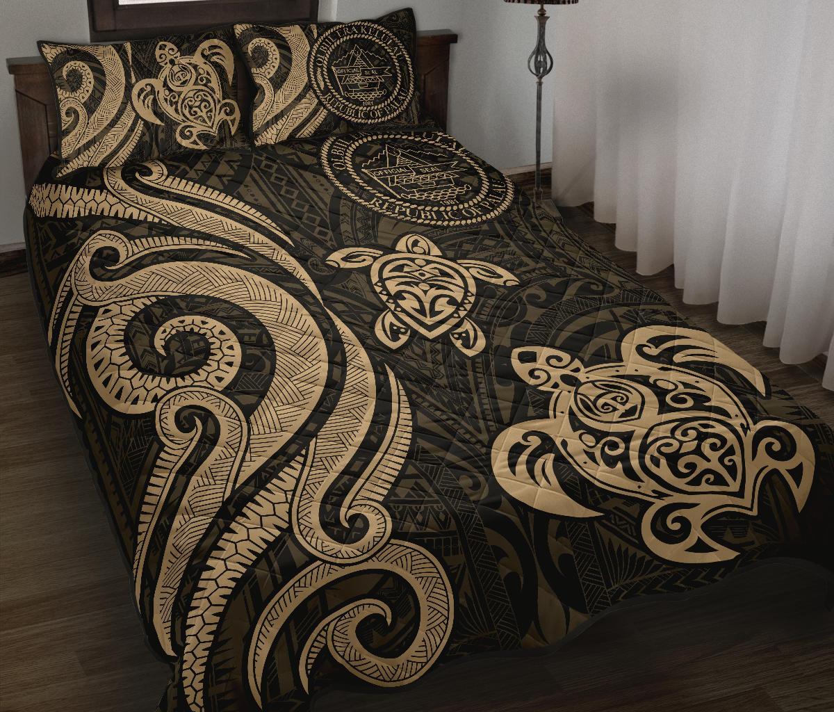 Palau Quilt Bed Set - Gold Tentacle Turtle Gold - Polynesian Pride