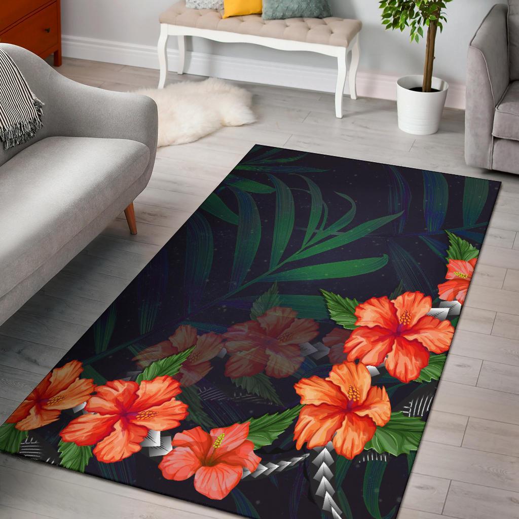 Hibiscus Palm Background Area Rug AH Black - Polynesian Pride
