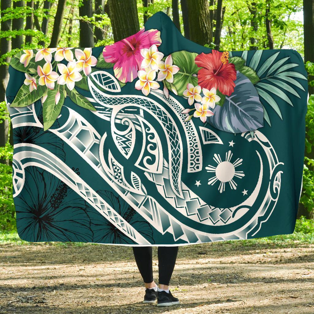 The Philippines Hooded Blanket - Summer Plumeria (Turquoise) Hooded Blanket Turquoise - Polynesian Pride