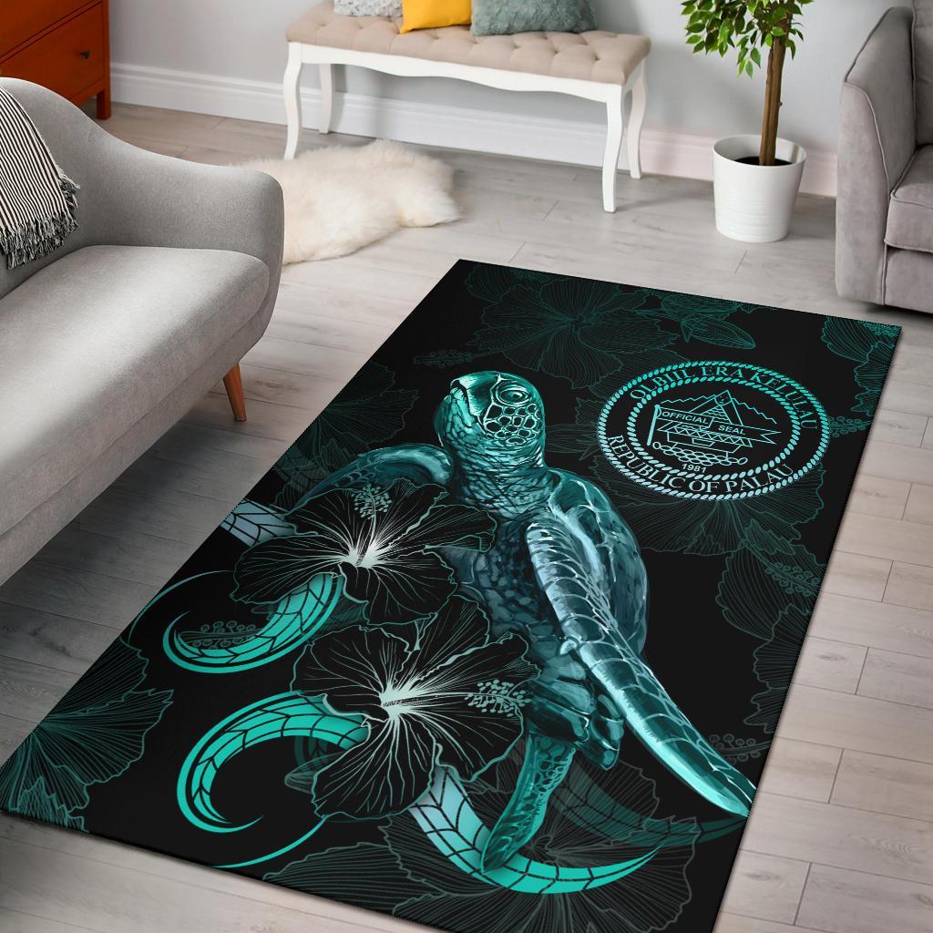 Palau Polynesian Area Rugs - Turtle With Blooming Hibiscus Turquoise Turquoise - Polynesian Pride