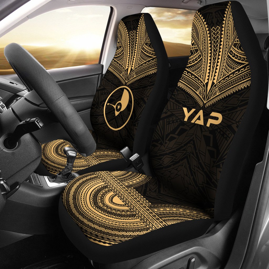 Yap Car Seat Cover - Yap Flag Polynesian Chief Tattoo Gold Version Universal Fit Gold - Polynesian Pride