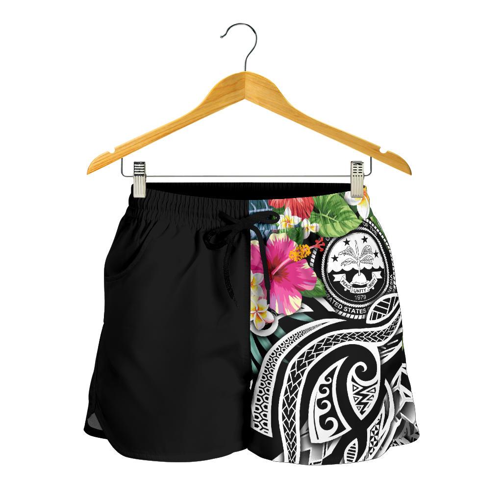 FSM Polynesian Women's Shorts - Summer Plumeria (Black) - Polynesian Pride