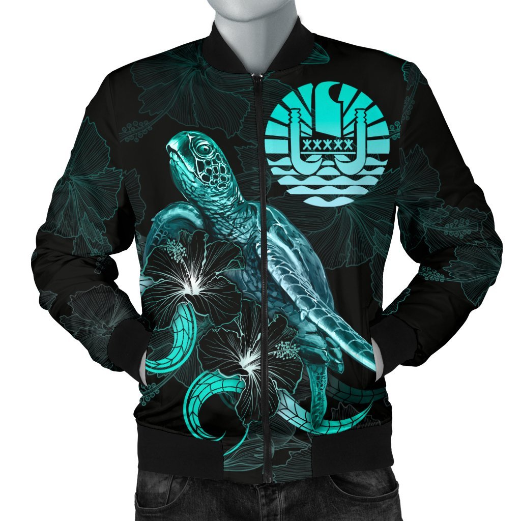 Tahiti Polynesian Men's Bomber Jacket - Turtle With Blooming Hibiscus Turquoise Turquoise - Polynesian Pride