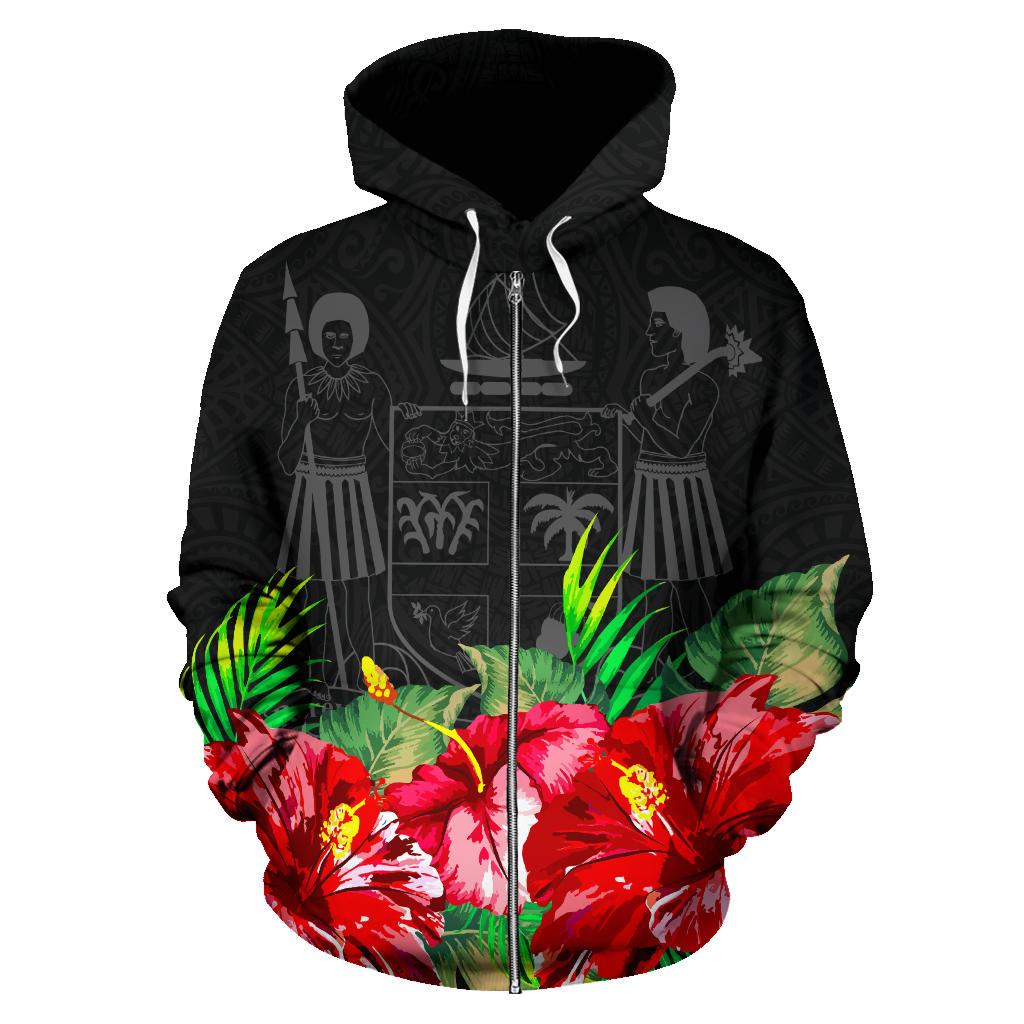 Fiji Polynesian Zip Hoodie Black Hibiscus - Polynesian Pride